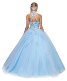 High Neck Embroidered Quinceanera Dress Bahama Blue