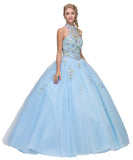 High Neck Embroidered Quinceanera Dress Bahama Blue