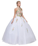 High Neck Embroidered Quinceanera Dress White