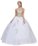 High Neck Embroidered Quinceanera Dress White