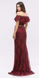Off-Shoulder Two-Piece Beaded Lace Long Prom Dress Burgundy