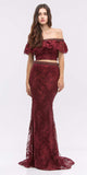 Off-Shoulder Two-Piece Beaded Lace Long Prom Dress Burgundy
