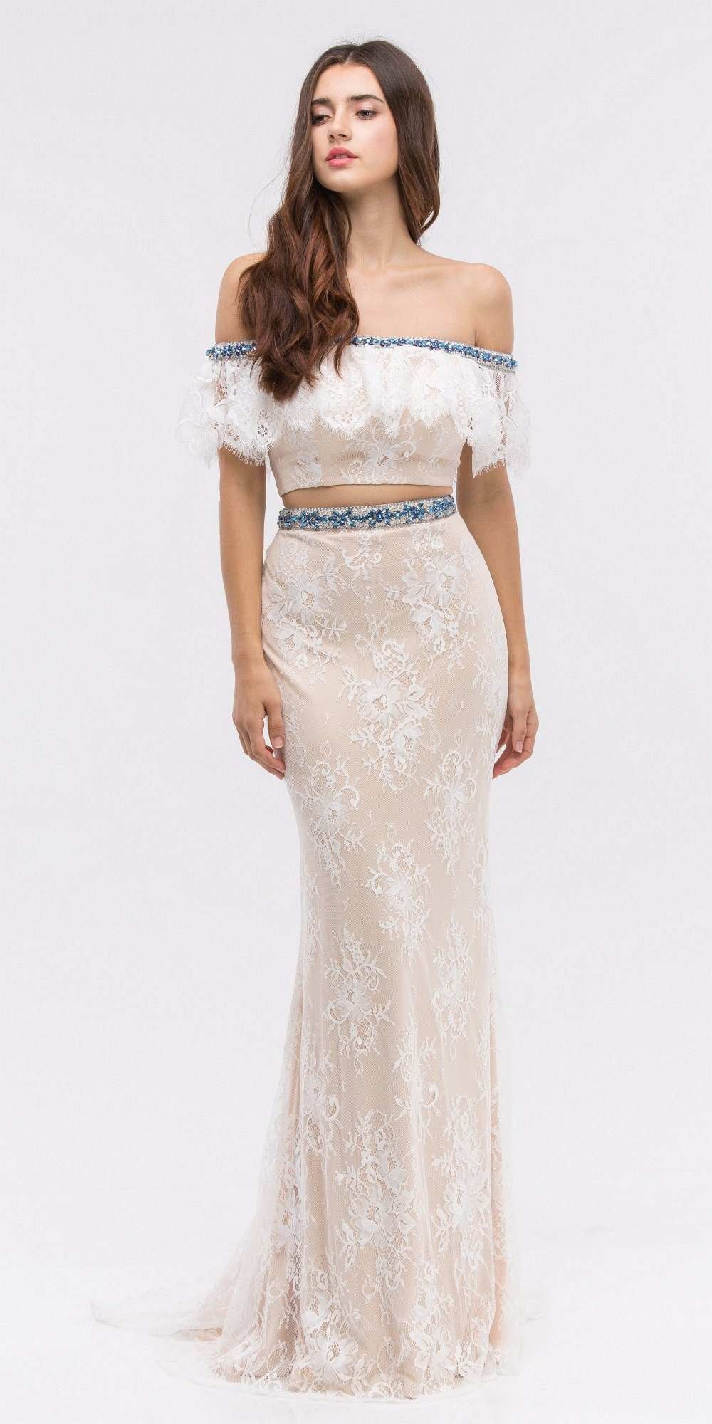 Off-Shoulder Two-Piece Beaded Lace Long Prom Dress Off White
