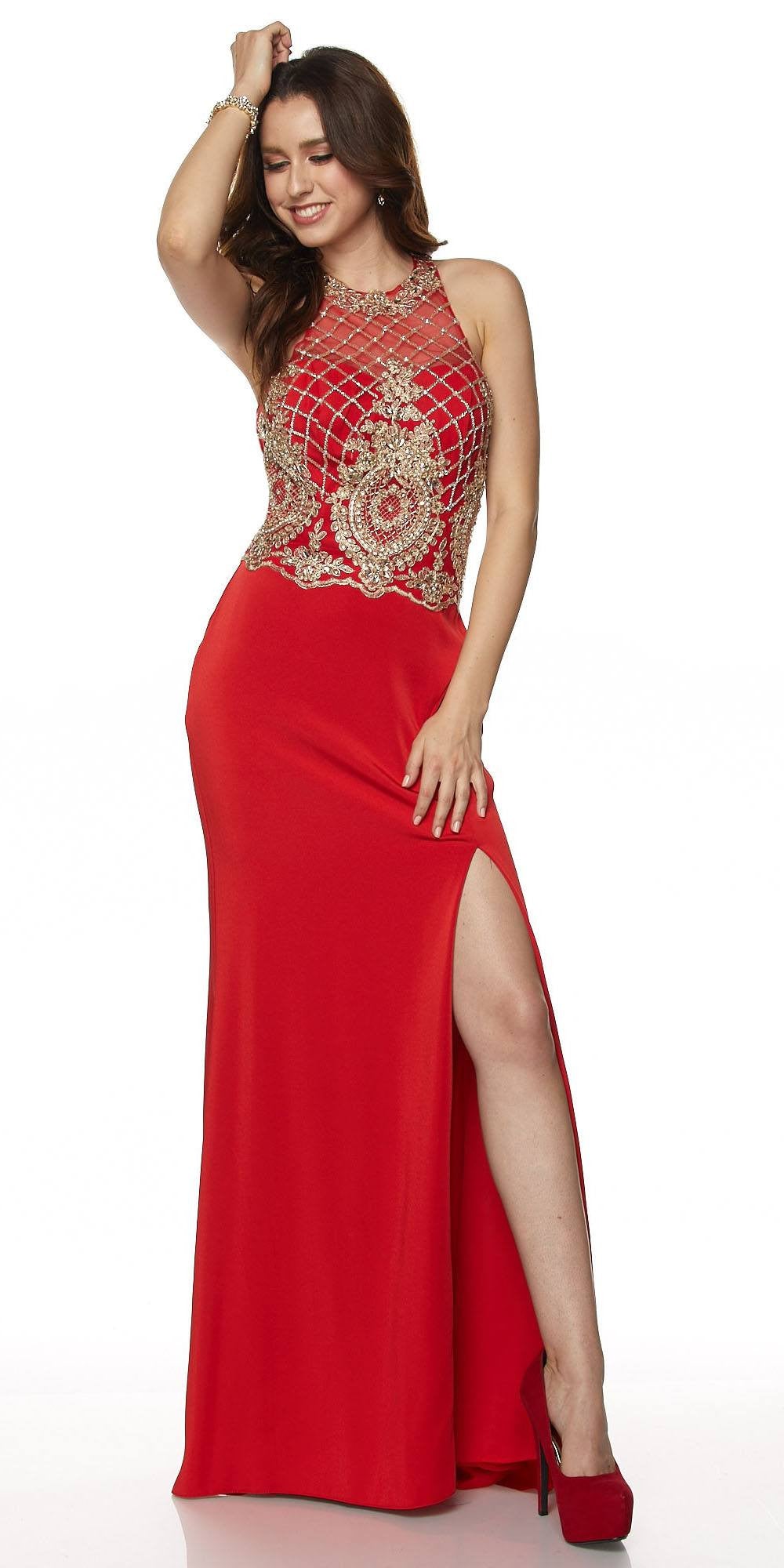Juliet 614 Sexy Floor Length Formal Gown Red Cut Out Back Slit