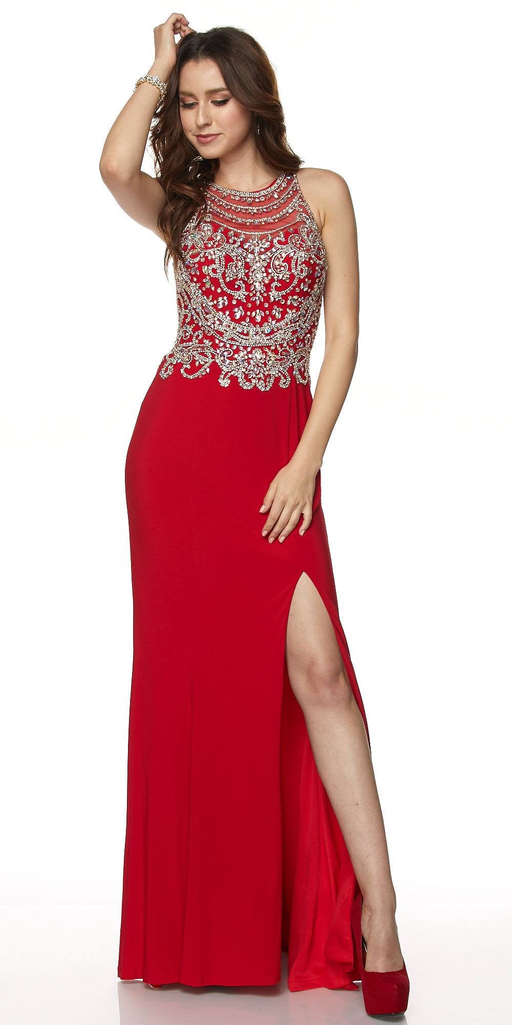 Juliet 616 Red Cut Out Back Beaded Bodice Prom Gown with Train 
