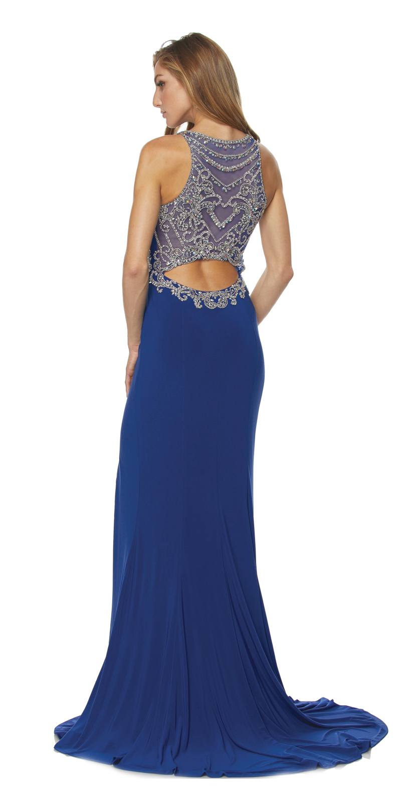 Juliet 616 Royal Blue Cut Out Back Beaded Bodice Prom Gown with Train 
