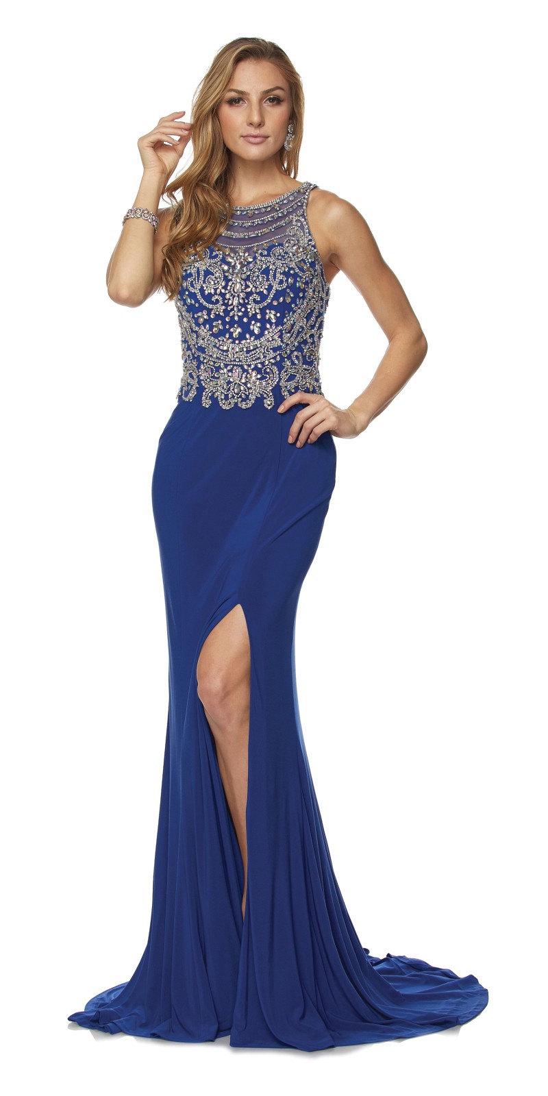 Juliet 616 Royal Blue Cut Out Back Beaded Bodice Prom Gown with Train 