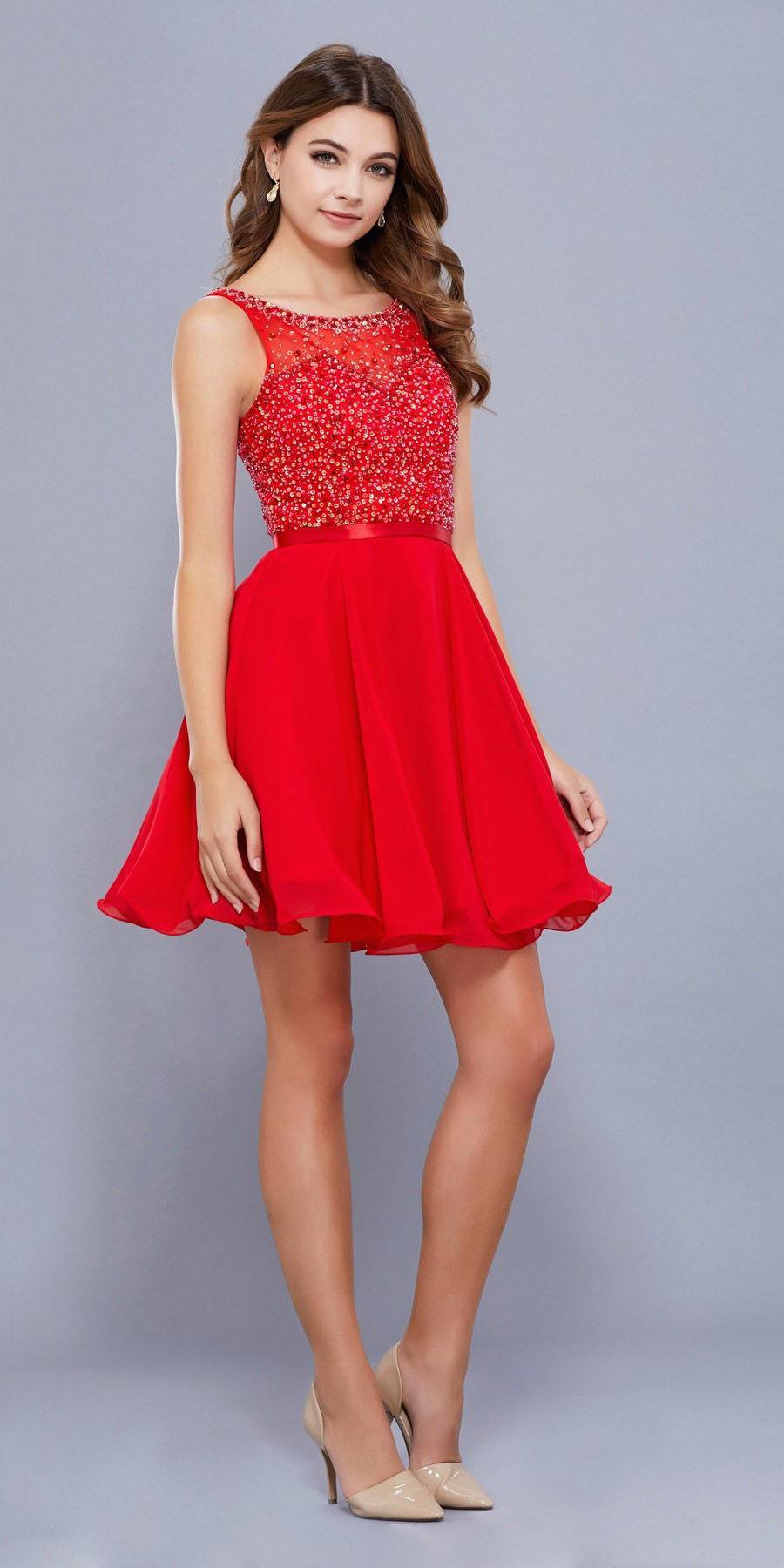 Nox Anabel 6163 Red Illusion Beaded Bodice Sleeveless Homecoming Dress Short