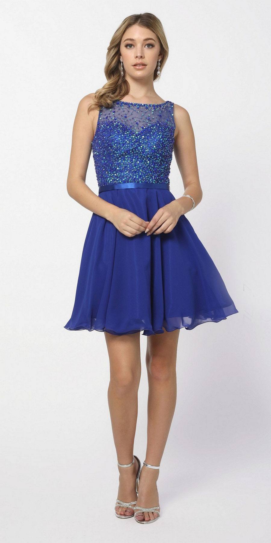 Nox Anabel 6163 Royal Blue Illusion Beaded Bodice Sleeveless Homecoming Dress Short