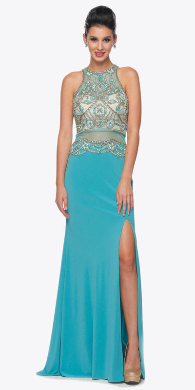 Juliet 617 Embellished Bodice Sheer Midriff Evening Gown Jade