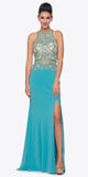 Juliet 617 Embellished Bodice Sheer Midriff Evening Gown Jade