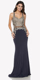 Long Prom Dress Beaded Bodice Sheer Midriff Cut Out Back Charcoal