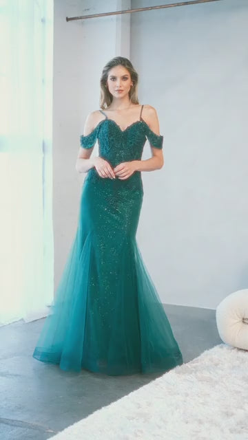 Juliet 281 Long Fully Mesh Gown Off the Shoulder Sleeves Mermaid Skirt