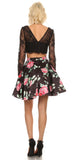 Long Sleeves Two-Piece Short Prom Dress Floral Printed Skirt Black