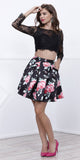 Long Sleeves Two-Piece Short Prom Dress Floral Printed Skirt Black
