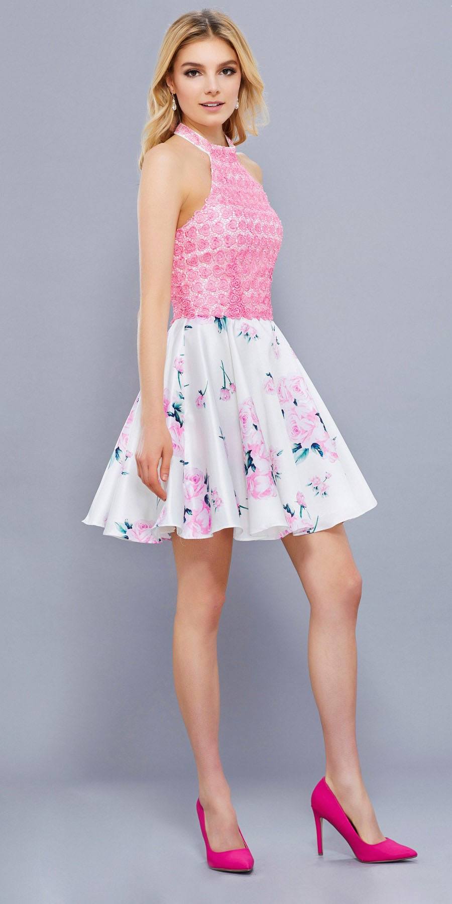 Pink Applique Top Short Halter Prom Dress Floral Printed Skirt