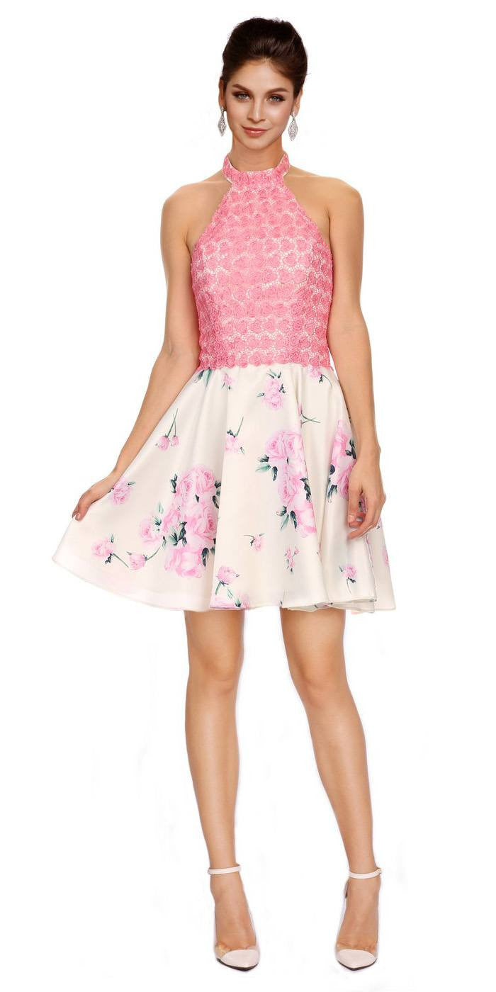Pink Applique Top Short Halter Prom Dress Floral Printed Skirt