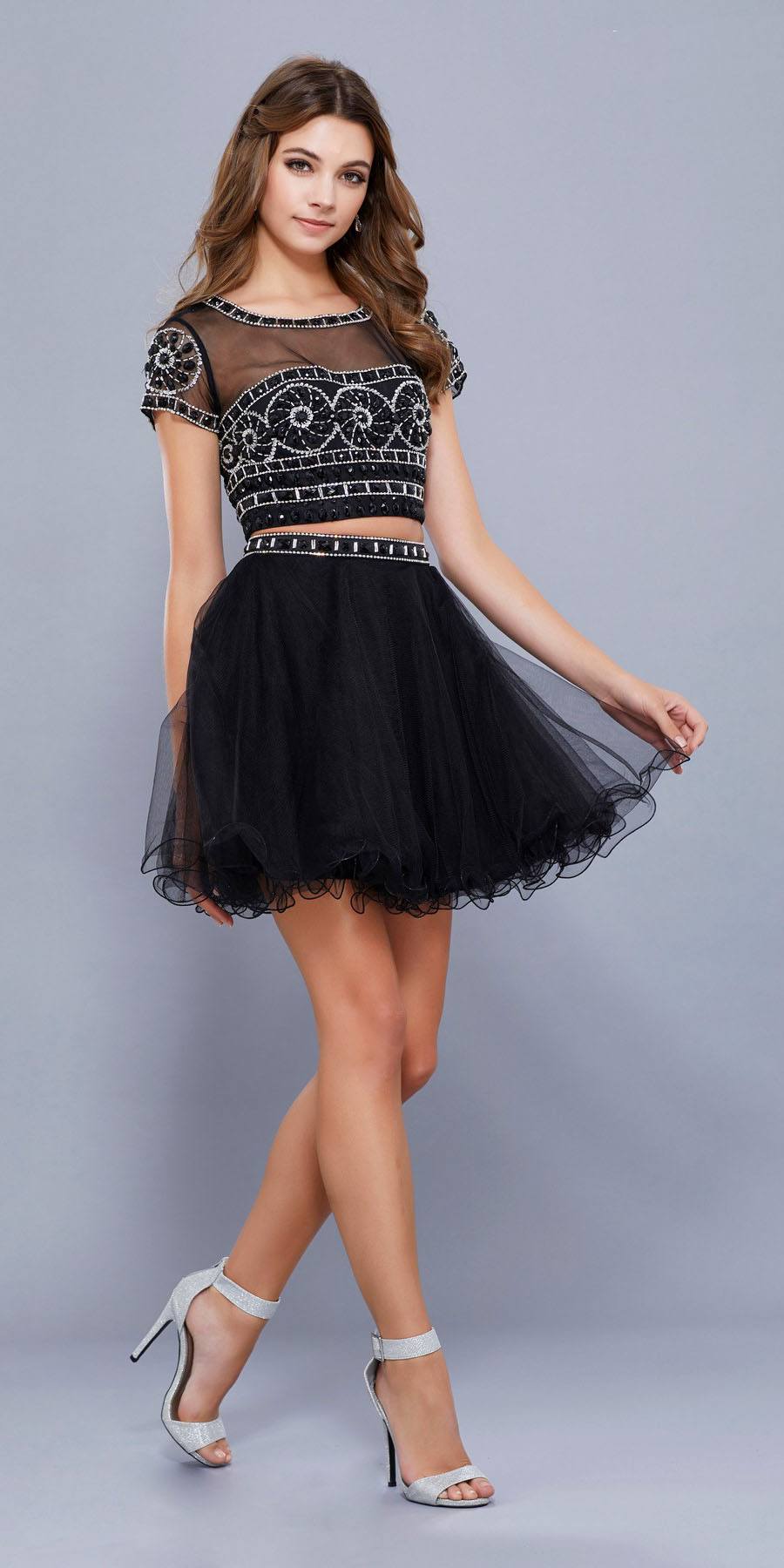 Beaded Crop Top Short Sleeves Two-Piece Cocktail Dress Black