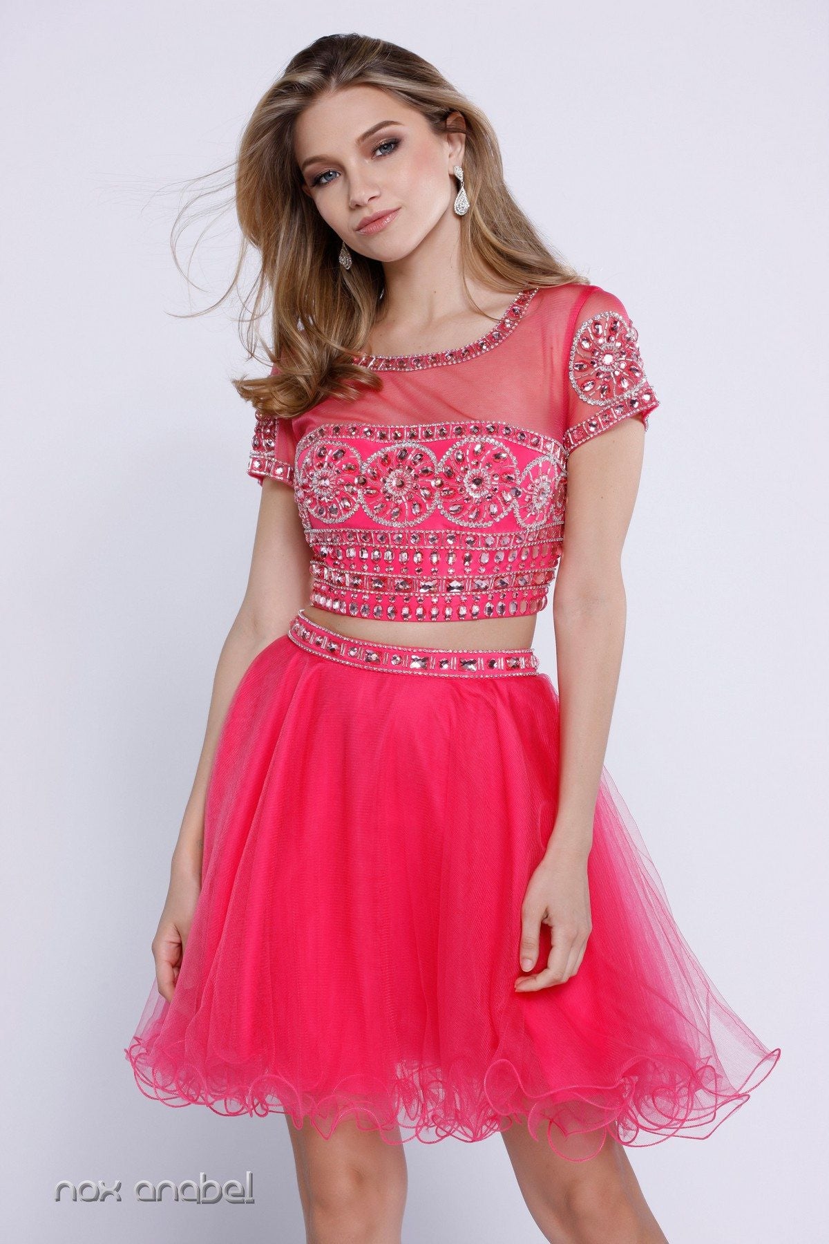 Beaded Crop Top Short Sleeves Two-Piece Cocktail Dress Fuchsia