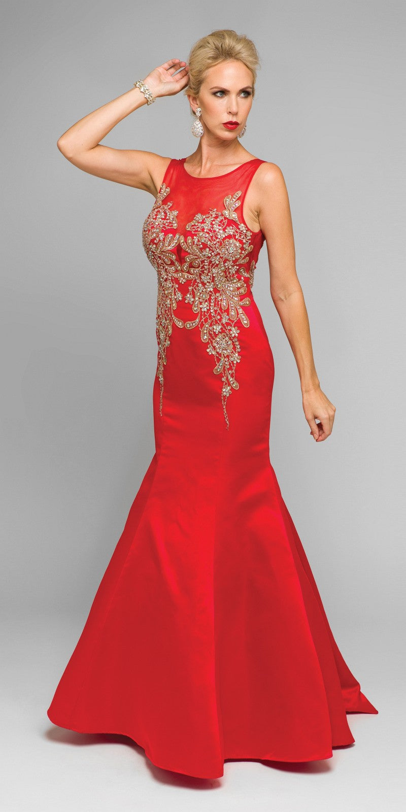 Juliet 623 Red Trumpet Style Prom Gown with Applique Beading