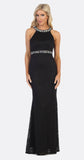 Halter Jeweled Neck and Waist Fit and Flare Lace Prom Gown Black/Nude