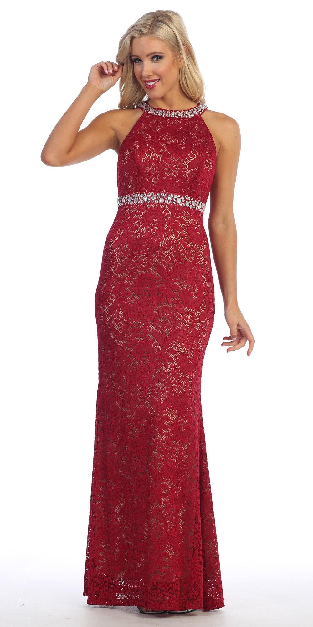 Halter Jeweled Neck and Waist Fit and Flare Lace Prom Gown Wine