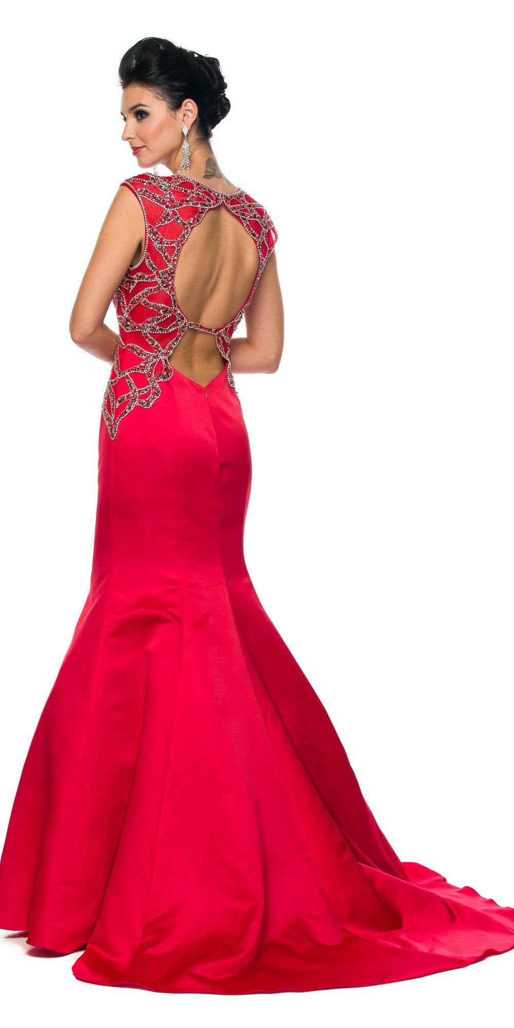 Juliet 624 Jeweled Bodice Mermaid Style Formal Gown Cut Out Back Red