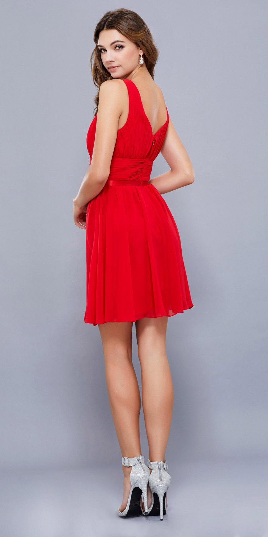Ruched Sweetheart Neckline Short Cocktail Dress V-Shape Back Red