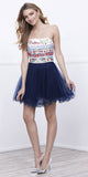 Floral Embroidered Top Strapless Short Prom Dress Navy Blue