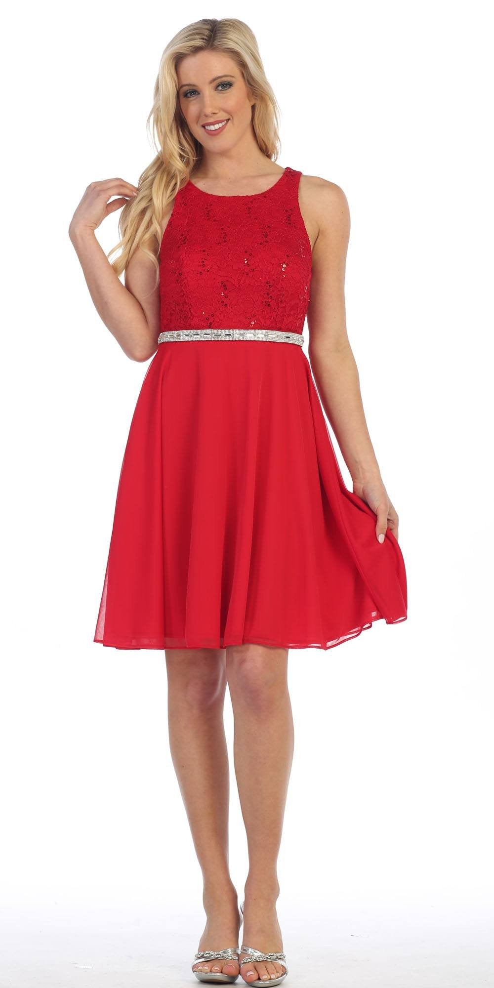 Celavie 6253 Scoop Neck Lace Top Knee-Length Cocktail Dress Red