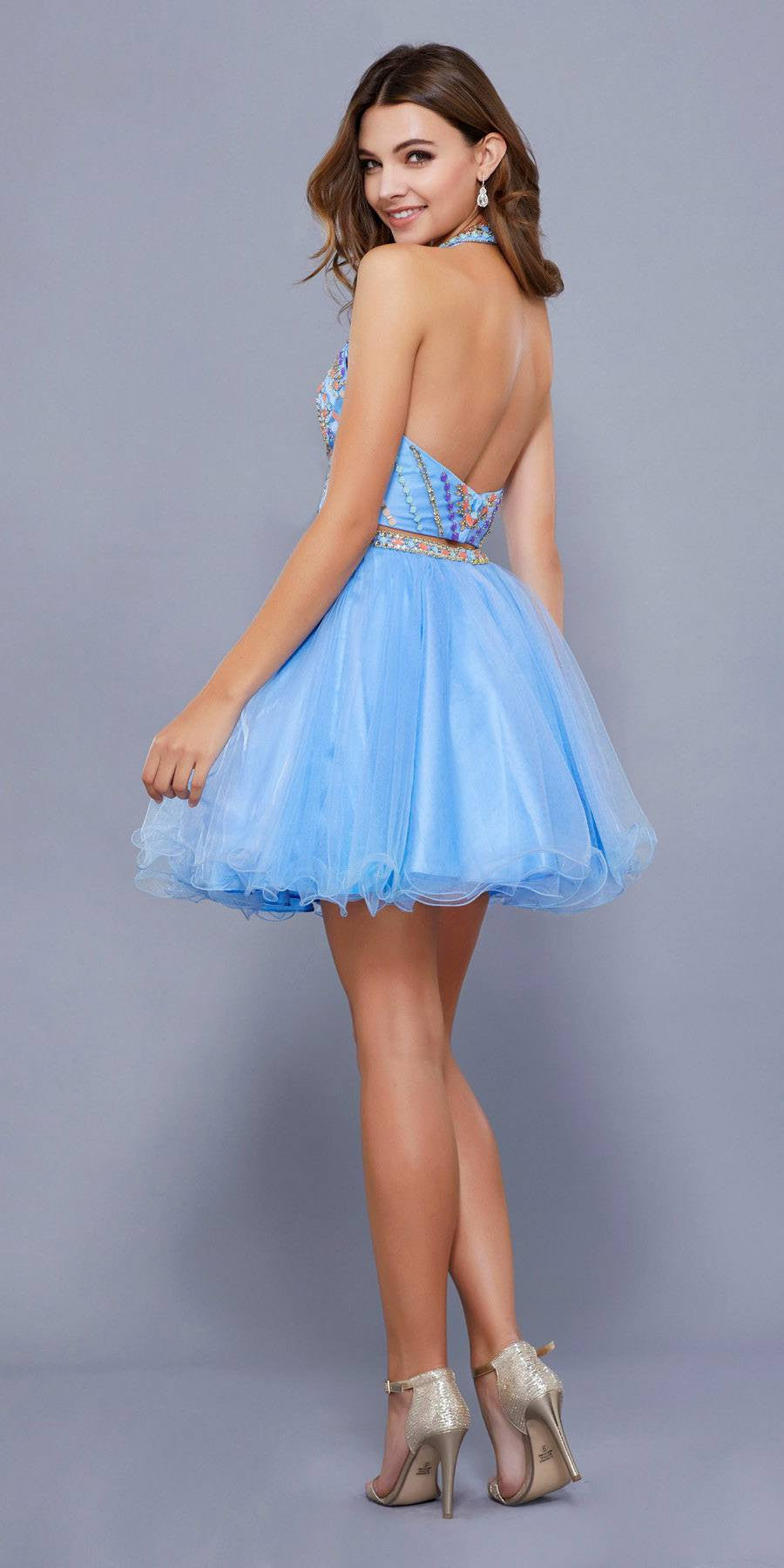 Ice Blue Two-Piece Halter Homecoming Dress Beaded Crop Top