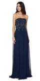 Juliet 626 Strapless A-Line Formal Dress with Appliqued Bodice Navy Blue