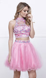 Baby Pink Embroidered Crop Top Two-Piece Homecoming Dress Keyhole Back
