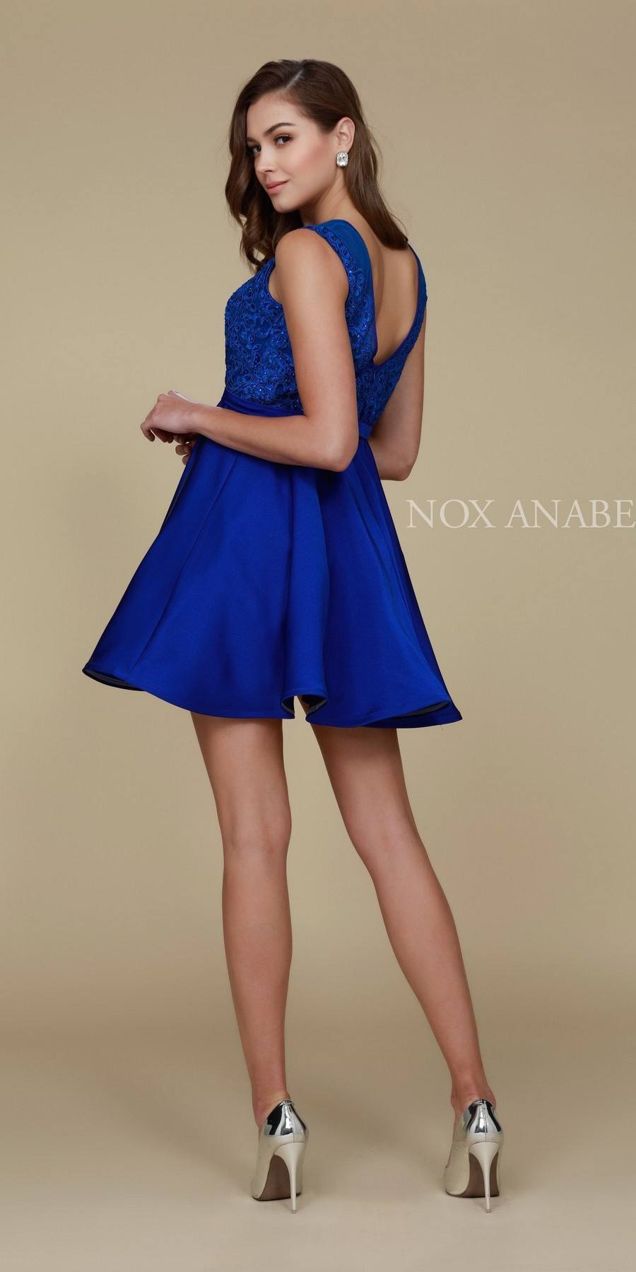 Sleeveless Short Cocktail Dress Lace Applique Bodice Royal Blue Back View