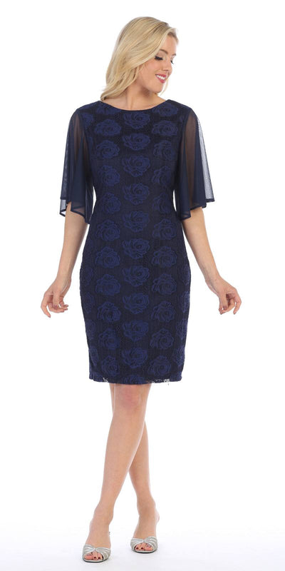 Sheer Flutter Sleeves Wedding Guest Dress Navy Blue