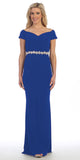 Celavie 6292 Royal Blue Off Shoulder Evening Gown Appliqued Waist