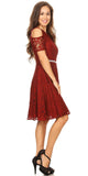 Burgundy Lace A-Line Wedding Guest Dress Cold Shoulder Short Sleeves