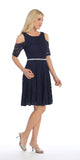 Celavie 6307 Navy Blue Lace A-Line Wedding Guest Dress Cold Shoulder Short Sleeves Side View