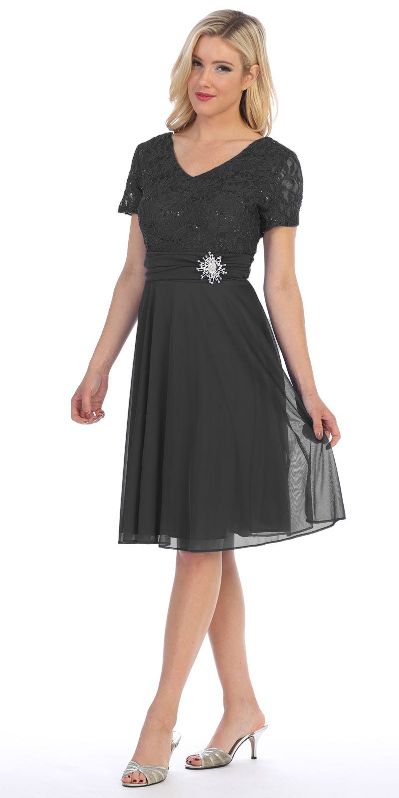 Celavie 6320-S - Knee Length Black Dress With Short Sleeves Lace Bodice Side View