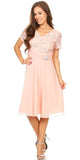 Celavie 6320-S - Knee Length Blush Dress With Short Sleeves Lace Bodice