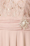 Celavie 6320-S - Knee Length Mocha Dress With Short Sleeves Lace Bodice