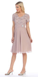 Celavie 6320-S - Knee Length Mocha Dress With Short Sleeves Lace Bodice
