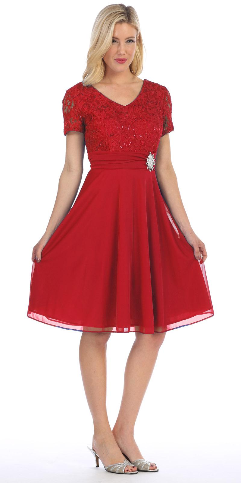 Celavie 6320-S - Knee Length Red Dress With Short Sleeves Lace Bodice Side View