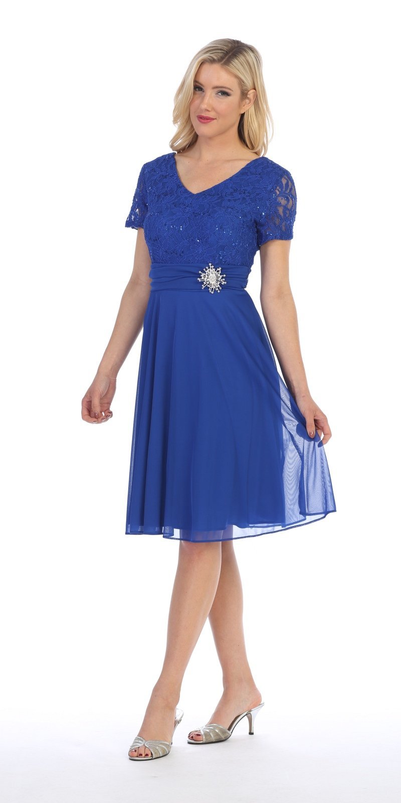 Celavie 6320-S - Knee Length Royal Blue Dress With Short Sleeves Lace Bodice Side View