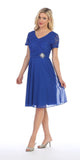 Celavie 6320-S - Knee Length Royal Blue Dress With Short Sleeves Lace Bodice Side View