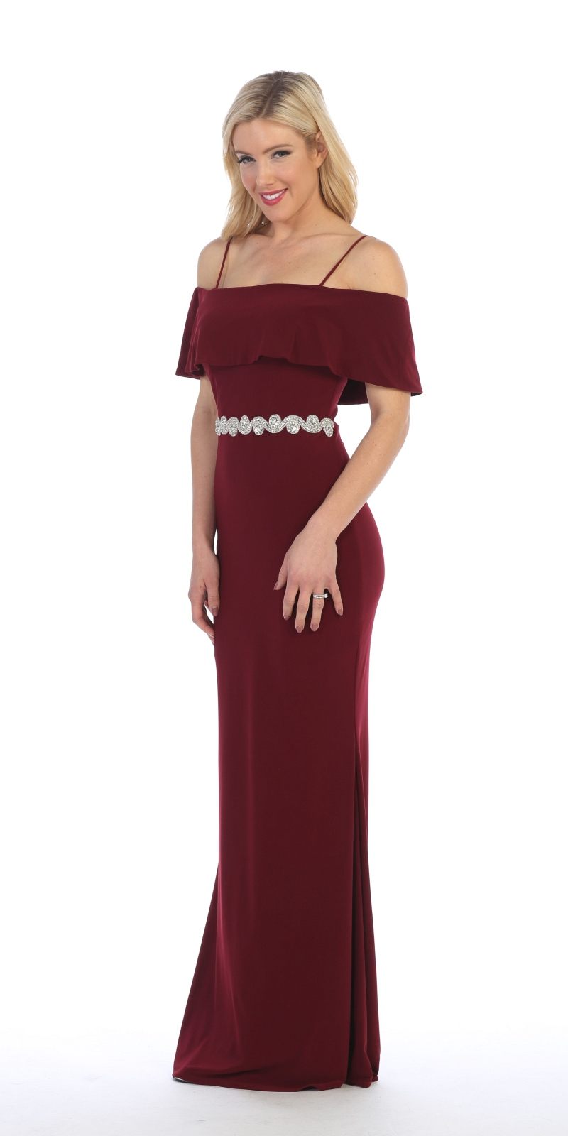 Celavie 6332 Burgundy Floor Length Evening Gown Off Shoulder
