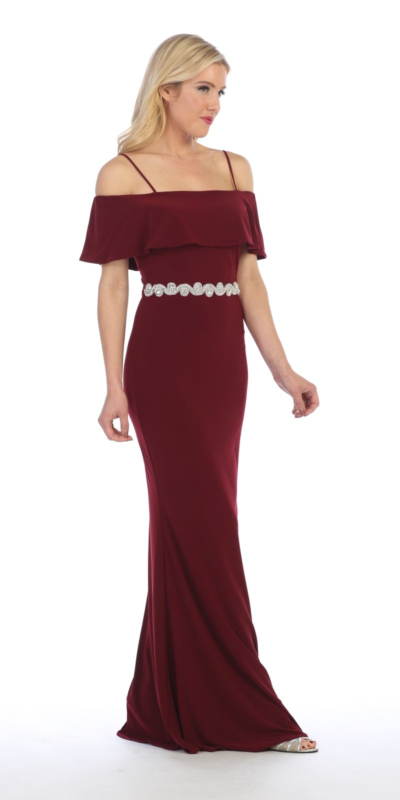Celavie 6332 Burgundy Floor Length Evening Gown Off Shoulder