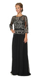 Juliet 634 Quarter Sleeve Formal Dress with Lace Applique Bodice Black