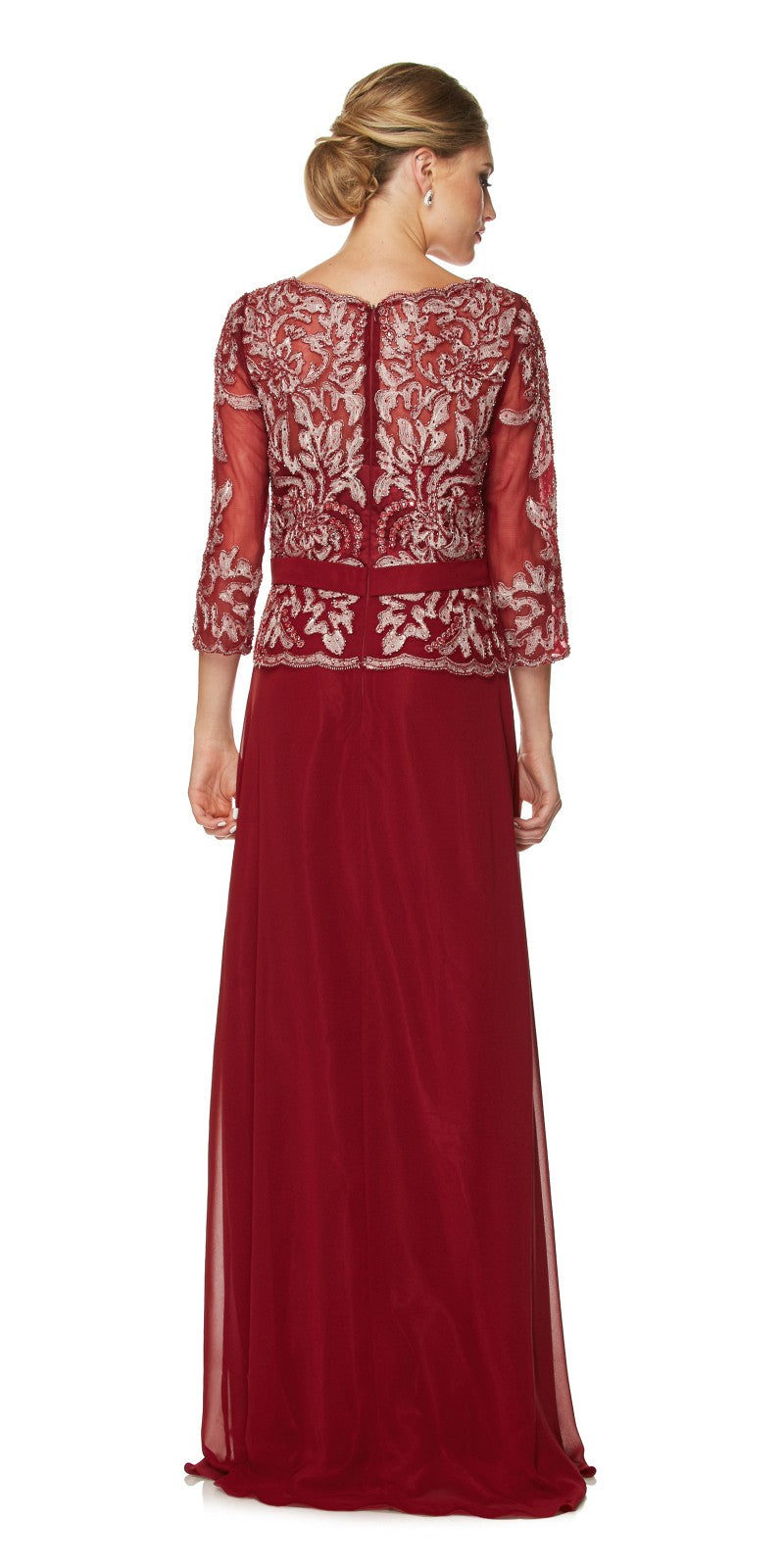 Juliet 634 Quarter Sleeve Formal Dress with Lace Applique Bodice Burgundy