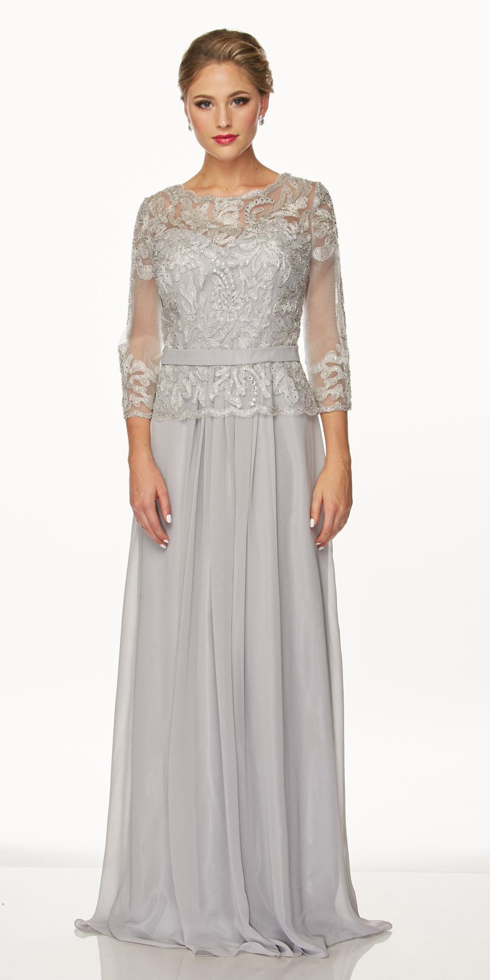 Juliet 634 Quarter Sleeve Formal Dress with Lace Applique Bodice Silver